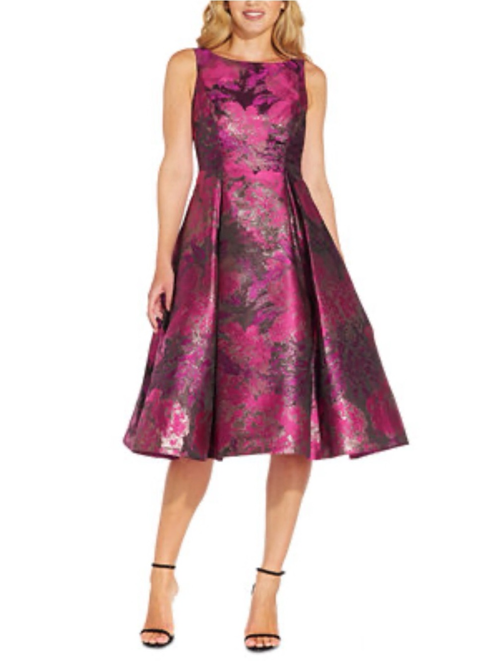 Adrianna Papell Magenta and Black Jacquard Floral Midi Dress Size 14